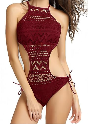 Ocean Plus Donna Costume Intero Pizzo Capestro Imbottito Costumi da Bagno Collo Alto Moda Mare (S/32, Vino Rosso)