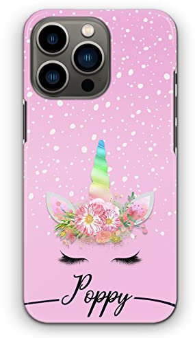 Personalised Initials Phone Case For Apple iPhones, 16, 15, 14,13, 12, 11, Pro Max, Mini, XR, SE Black Name and Unicorn on White Spot Pink Fade Print Hard Phone Cover, Unicorn Case