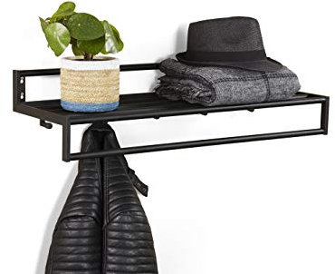 LIFA LIVING Schwarze Wandgarderobe aus Metall mit 5 Haken, Garderobe mit Ablage für die Wand, Kleiderhaken & Garderobenleiste für Flur, 75 x 26 x 19,5 cm