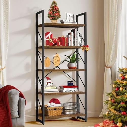 YITAHOME 5 Tiers Bookshelf, Artsy Modern Bookcase, Book Rack, Storage Rack Shelves Books Holder Organizer for Books/Movies in Living Room/Home/Office - Rustic Brown Book Shelves