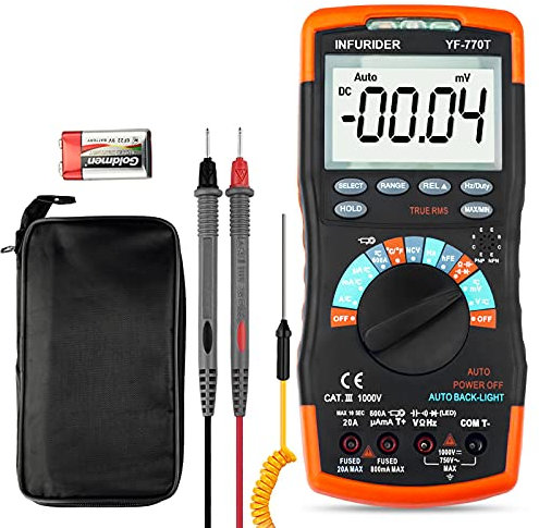 Multimetro Digitale INFURIDER YF-770T 6000 Conti TRMS DMM CATIII 1000V, Auto Ranging, Data Hold, NCV,Display LCD Retroilluminato con Temperature, Frequenza, capacità,Diodo,Ciclo di Lavoro