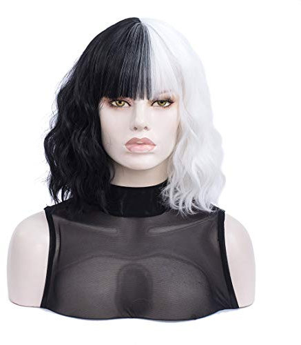 MORTICIA Weiß und Schwarz Perücke Kurze Lockige Frauen Bob Perücke Full Bang Wavy Texure Hitzebeständige Synthetische Kurze Frauen Perücke (Weiß und Schwarz)