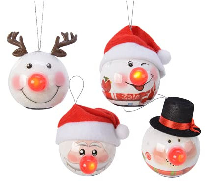 LED Christbaumkugel, Weihnachtskugel, Dekokugel mit rot Blinkender Nase - Kunststoff 6.5cm - Schneemann Mütze