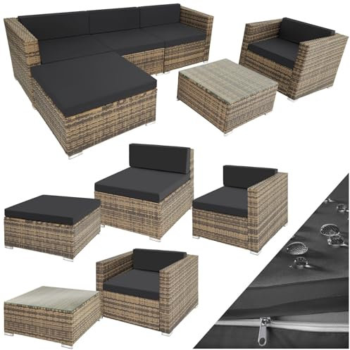 TecTake® Set Rattan Milano, Arredo Giardino Elegante con Poltrone, Panche, Tavolo Vetro - Resistente UV, Struttura Acciaio, Imbottitura Morbida, Versatile - Naturale