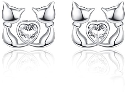 KINGWHYTE Katze Ohrringe 925 Sterling Silber Niedliche Tier Ohrringe Doppelte Katzen Herz Ohrstecker Schmuck Geschenke für Katzenliebhaber Frauen Mädchen Freunde