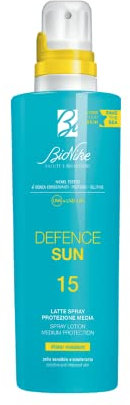 BioNike Defence Sun - Lait Solaire Spray Corps SPF 15, Poils Sensibles et Intolérants, Action protective et anti-oxydante, Waterproof et non collant, Renforcement et répare la peau 200 ml