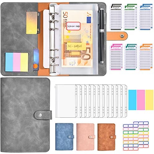 Budget Planner Deutsch - A6 PU Leder Budget Binder Geld Organizer Sparen - Finanzplaner Cash Stuffing Haushaltsbuch mit Geldfacher - Budgetplaner Sparbuch mit Folien für Sinking Funds , Grau