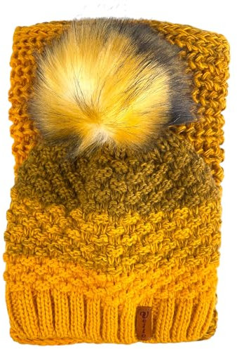 kennydoo Mütze & Schal Set / 2 teilig/Damen Kombi - Beanie mit großem Bommel und Loop/kuschelig gestrickt (ocker/braun)
