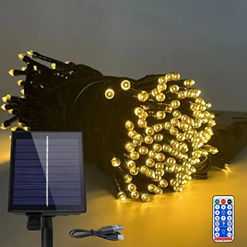 NAIZY Solar Lichterkette aussen 100m 1000LEDs Solar Weihnachtsbeleuchtung Warmweiß Lichtervorhang mit 8 Leuchtmodi Speicherfunktion & Timer & USB IP44 Wasserdicht Lichterketten Innen-Außen