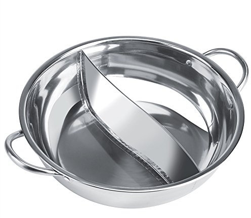 Olla de acero inoxidable con divisor, cocina de inducción de separación de dos sabores, olla de sopa de doble cara Shabu-shabu chino de doble sabor, adecuado para reuniones familiares(32cm)