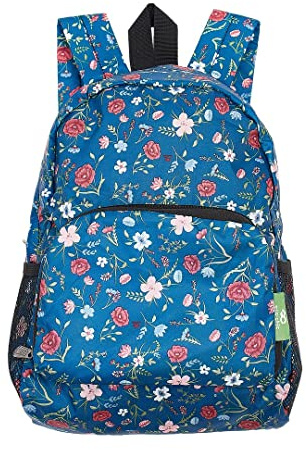 ECO CHIC Lightweight Foldable Water Resistant Mini Backpack Folds Into Pouch for Storage (Floral Navy)