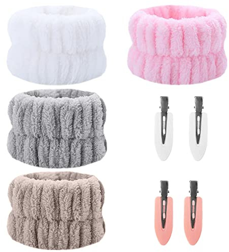 4pcs Handgelenk Waschband Mikrofaser Gesicht Wasch Armbänder Super Weich Spa Yoga Saugfähiges Armband zum Waschen Elastisch Handgelenktücher für Frauen Mädchen, mit 4 Entenküken-Clips