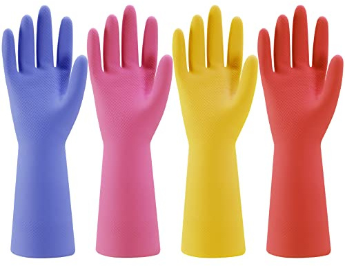 Bamllum Rubber Kitchen Dishwashing Gloves - 4 Pairs Colorful Reusable Household Cleaning Gloves for Washing Dishes and Cleaning Tasks, Flexible Long-lasting and Non-Slip (Small, Blue+Pink+Yellow+Red)