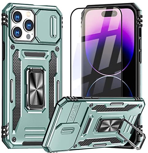 AKABEILA Case Screen Protector for iPhone 15 Pro Max Phone Case Tempered Glass Protective Film TPU PC Hybrid Case Cover Rotate Stand Slide Camera Protection 6.7 Light Green