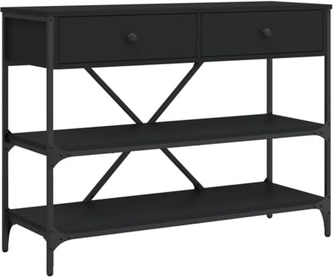 vidaXL Konsolentisch, Beistelltisch mit Schubladen Ablagen, Wohnzimmertisch Tisch mit Stahlgestell, Ablagetisch Flurtisch, Schwarz Holzwerkstoff