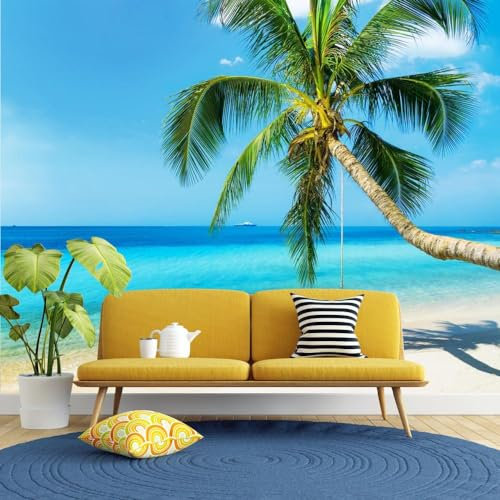 Fototapete Tropical Island Vacation Peel and Stick Wandbild, Kokosnussbaum-Fokus 3D-Muster, PVC, selbstklebendes Poster, Heimwanddekoration für Schlafzimmer, Wohnzimmer, Küche, 350 x 240 cm (B x H)