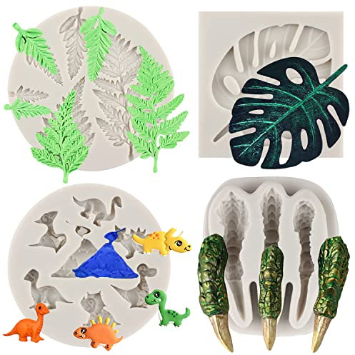 MYPRACS Lot de 4 moules en silicone en forme de griffe de dinosaure, pour fondant, feuilles tropicales, fougère, chocolat, feuilles de monstera, moule pour décoration de gâteaux, pâte à sucre, pâte