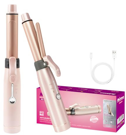 Yuehuamech Mini Cordless Hair Curler 19mm Curling Wand Curling Iron Barrel Ceramic Flat Iron USB Rechargeable Curling Iron with 2 Heat Settings for Long Short Hair,Pink