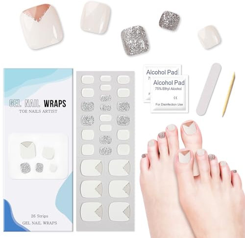 26Pcs Semi Cured Gel Toenail Polish Strips, Self-Adhesive Gel Toe Nail Stickers with Glossy Gel Finishing, Salon Quality Full Nail Wraps Pedicure Stickers for Women Girls DIY Manicure (French White)