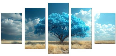 JOSUE 5 PièCes Arbre De Vie Decoration Murale Paysage d’arbre bleu Tableau chambre ado Toile,Bleu G Decoration Murale Salle De Bain Bureau Salon Cuisine- 60x125cm Sans cadre