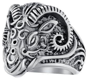PAMTIER Herrenringe Vintage Gothic Edelstahl Ringe Widder Schaf Ziege Kopf Horn Biker Ringe Punk Style Silber Größe 62 (19.7)