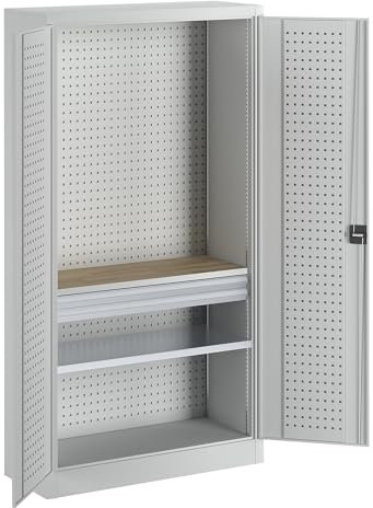 kaiserkraft | Werkzeugschrank mit Lochprägung | 2 Schubladen | 1 Fachboden | 1 Arbeitsplatte | Türen lichtgrau