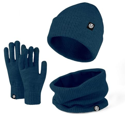 Ensemble de Tricotés Bonnet Écharpe e Gants pour Femme,Doublure Intérieure en Polaire Douce Brossée, Cache-cou élastique, Gants épais pour écran Tactile, pour Temps Froid (Bleu)