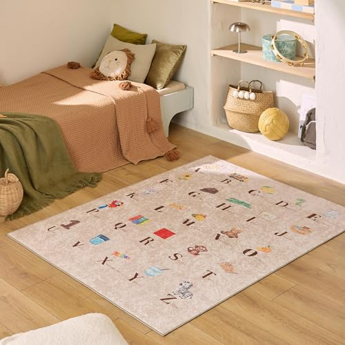Nazar Kinderteppich für Kinderzimmer, Babyteppich, für Mädchen und Jungen, Motiv Dinosaurier, Weltkarte und Tiere (736 beige, 80x150 cm)