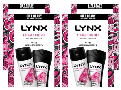 Lynx THE WING WOMEN Attract For Her 48Hrs Odour Protection Body Spray 150 ml and 12Hrs Refreshing Fragrance Body Wash 225 ml 2 Pieces Ready to Wrap Gift Set for Her,4pk