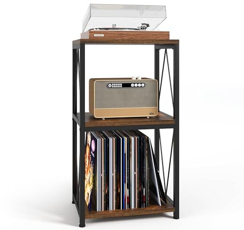 Y&M Soporte para tocadiscos con almacenamiento de vinilo, mesa de exhibición de 3 niveles para CD de álbum, soporte giratorio, mesa auxiliar para dormitorio, sala de estar, oficina, marrón rústico