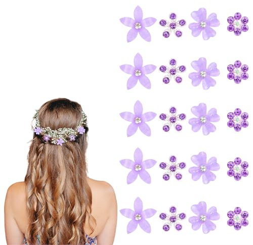 TELAIN 20 Stück Mini Blumen Haarklammern mit Strass | Kleine Haarspangen Lila Blüten Haarclips | Hochzeit Haarnadeln & Braut Haarschmuck für Mädchen und Frauen