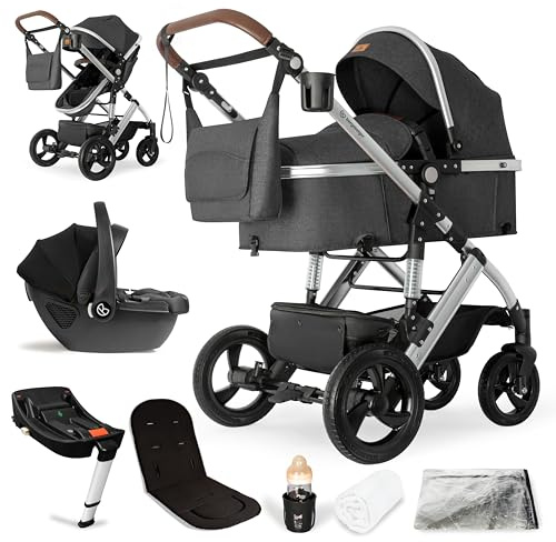 Bergsteiger Nizza Kombikinderwagen 3-in-1 Isofix Station Babyschale | Komplettset mit Aluminiumgestell Schwenkrädern verstellbarem Griff Babywanne Buggysitz Wickeltasche und Regenschutz