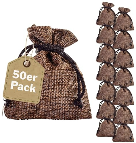 SPRINTIS Jutesäckchen dunkelbraun, 8 x 10 cm (50 Stück) - reißfeste Geschenkbeutel mit Kordelzug, für Hochzeit, Weihnachten, Deko, Adventssäckchen