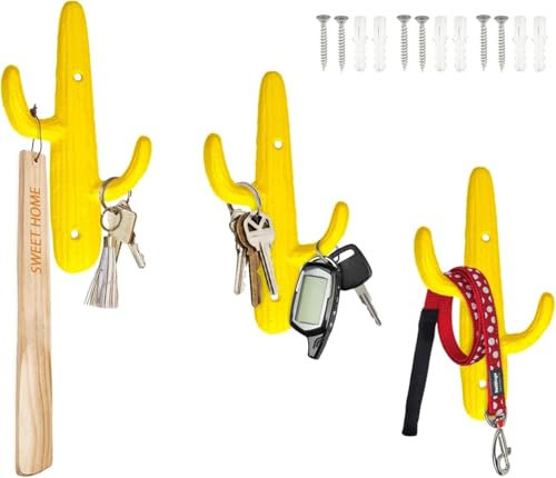 Set von 3 dekorativen Gusseisen-Wandhaken im Kaktus-Design. Ideal für Mäntel, Taschen und Handtücher. Inklusive Schrauben und Dübel. Farbe: Rustikales Gelb, perfekt für jeden Raum!