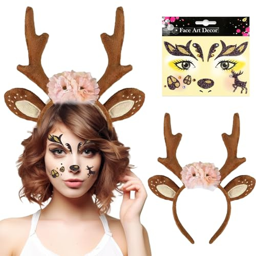 Geweih Haarreif,Reh Gesichtstattoo,Rentier Haarreif Erwachsene Kinder,Geweih Kostüm Accessoires,Rentier Stirnband,Haarreif Weihnachten Anzug,Rentier Kopfschmuck für Karneval,Fasnacht,Mottoparty