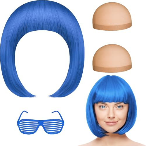 Perücke Blau, Blaue Perücke, Kurze Perücke Mit Pony, Synthetische Neon Perücke Frauen Bob Wig Mit Neonbrille Und Haarnetz Für Halloween Cosplay Party Karneval Fasching(Blau)