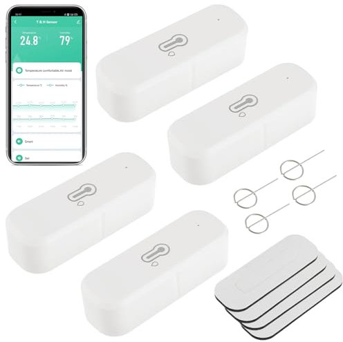 EPLZON Termómetro higrómetro inteligente WiFi, sensor de temperatura humedad para interiores exteriores con alarma de notificación de aplicación remota Compatible con Alexa y Google Home(4 Piezas)