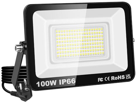 RIGIDON Projecteur Led Extérieur Avec Prise, 1x 100W 10000LM IP66 étanche Éclairage de Sécurité, Spot Led Lampe pour Patio Garage Terrasse Jardin Chantier Muraux Atelier, 6000K Blanc Froid Luminaires