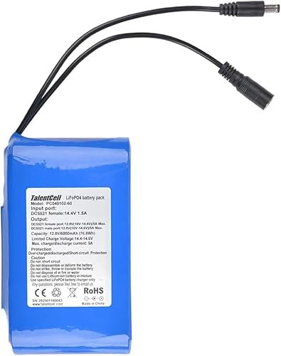 Talentcell 12V LiFePO4 Battery Pack, 3000+ Cycles Rechargeable 12.8V 6Ah 76.8Wh Lithium Iron Phosphate Battery with DC 12V Output for LED Strips, CCTV Camera, Router, DIY and More