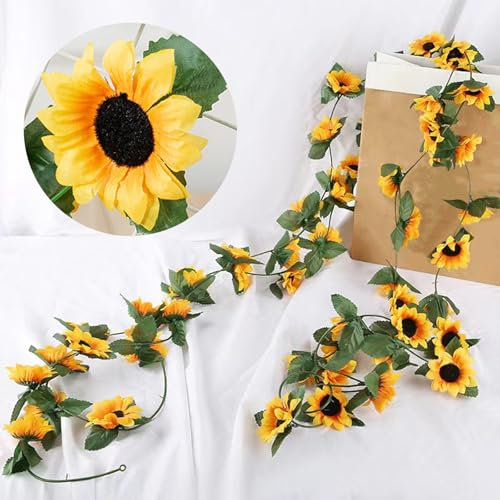 BSITSSS 2 PCS Künstliche Sonnenblumen Girlande, Sonnenblumen Deko, Blumengirlande Deko, Seidenblumen Hängend Sonnenblumegirlande, Girlande Sonnenblumenranke für Home Hotel Büro Hochzeit Garten Dekor