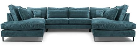 X-Group4th Moderne Eckcouch CORBLACK Freistehend, Mit Wellenfedern, Rückenkissen Und Eleganten Schwarzen Metallbeinen, Wohnlandschaft Für Sitzgelegenheit, 103x407x224 cm Türkis