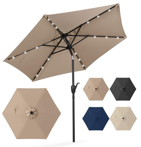 COSTWAY Parasol de Jardin Extérieur Ø 230 CM, Parasol Inclinable Lumineux Solaire, Bouton-Poussoir, Manivelle, Toit Ventilé, Cadre en Métal, pour Balcon Jardin Terrasse (Brun)