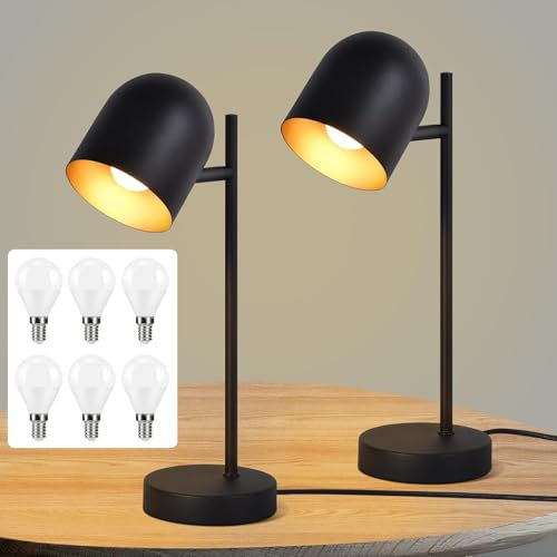 Kowanie 2er Tischlampe Vintage retro Nachttischlampe: Tischleuchte Wohnzimmer industrial in Schwarz Gold aus Metall E14 Nachttischleuchte mit Kabel inkl. 6 × 2700K Leuchtmittel für Schlafzimmer