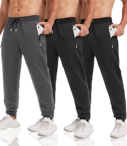 lomsoe 3er-Pack Jogginghose Herren Tapered, Trainingshose Herren mit Reißverschlusstaschen, Sporthose Herren Lang Sweatpants Fleece Slim Fit für Laufen und Fitness