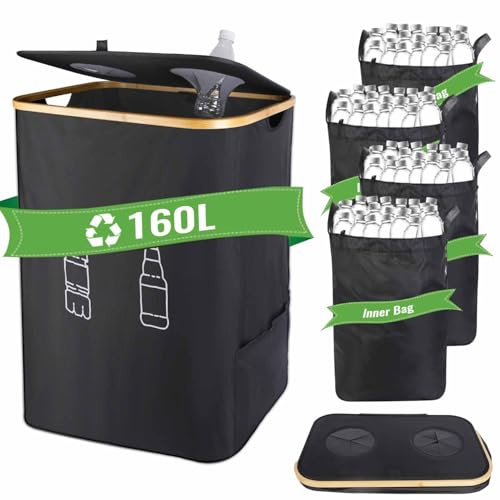 Pfandflaschen Sammelbehälter 2 Fächer, 160L Pfandflaschen Behälter mit 4 Tragetaschen, Große Aufbewahrung mit Deckel für Pfandflaschen, Leergut Altglas Recycling, Flaschentasche für Küche Abstellraum