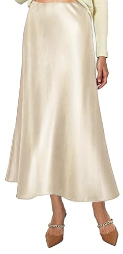 Vossmi Jupe Satinée Longue Taille Haute Femme Élégant Jupe Satin Midi Crayon Jupes en Soie Casual Millésime Stretch Skirt Unie Evasée Hiver Champagne,M