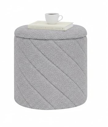 Bonlife Runder Hocker Ottoman mit Stauraum, Klappbarer Hocker mit Deckel, Boucle Frisierhocker für Wohnzimmer, Schlafzimmer, Eingangsbereich, Grau, 33x33x35cm