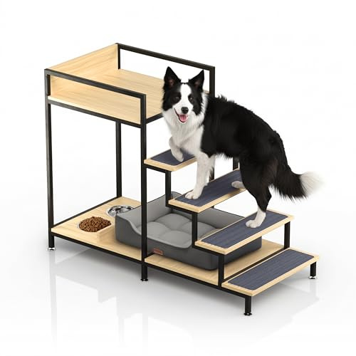 Hunde-Fensterstange mit Futterstation, mehrstufige Sitzstange zum Ausblicken aus dem Fenster mit 59 kg Tragkraft, Haustier-Etagenbett und Treppe mit rutschfestem Teppich (natürliche Holzfarbe)