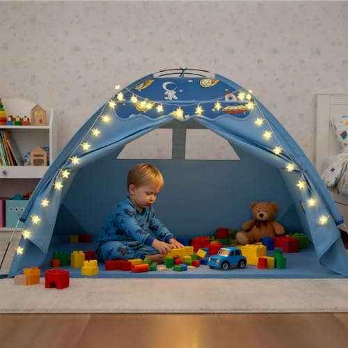 AFUNX Kids Play Tent, Space Theme Tent with Star String Lights, 70 x 45 x 43 Blue Foldable Playhouse for Boys and Girls, Extra Large House for Imaginative Play,Tunnel Port