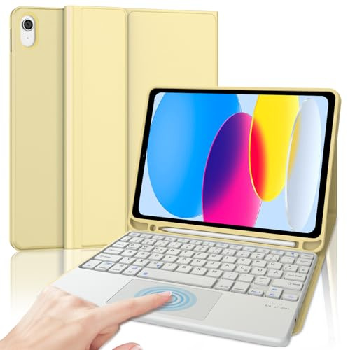 SENGBIRCH Étui pour iPad 10e génération 10,9/11e génération A16 2025 avec trackpad Clavier - QWERTZ Allemand Touchpad Amovible Bluetooth Wireless Clavier pour iPad 10e génération 10.9, Jaune